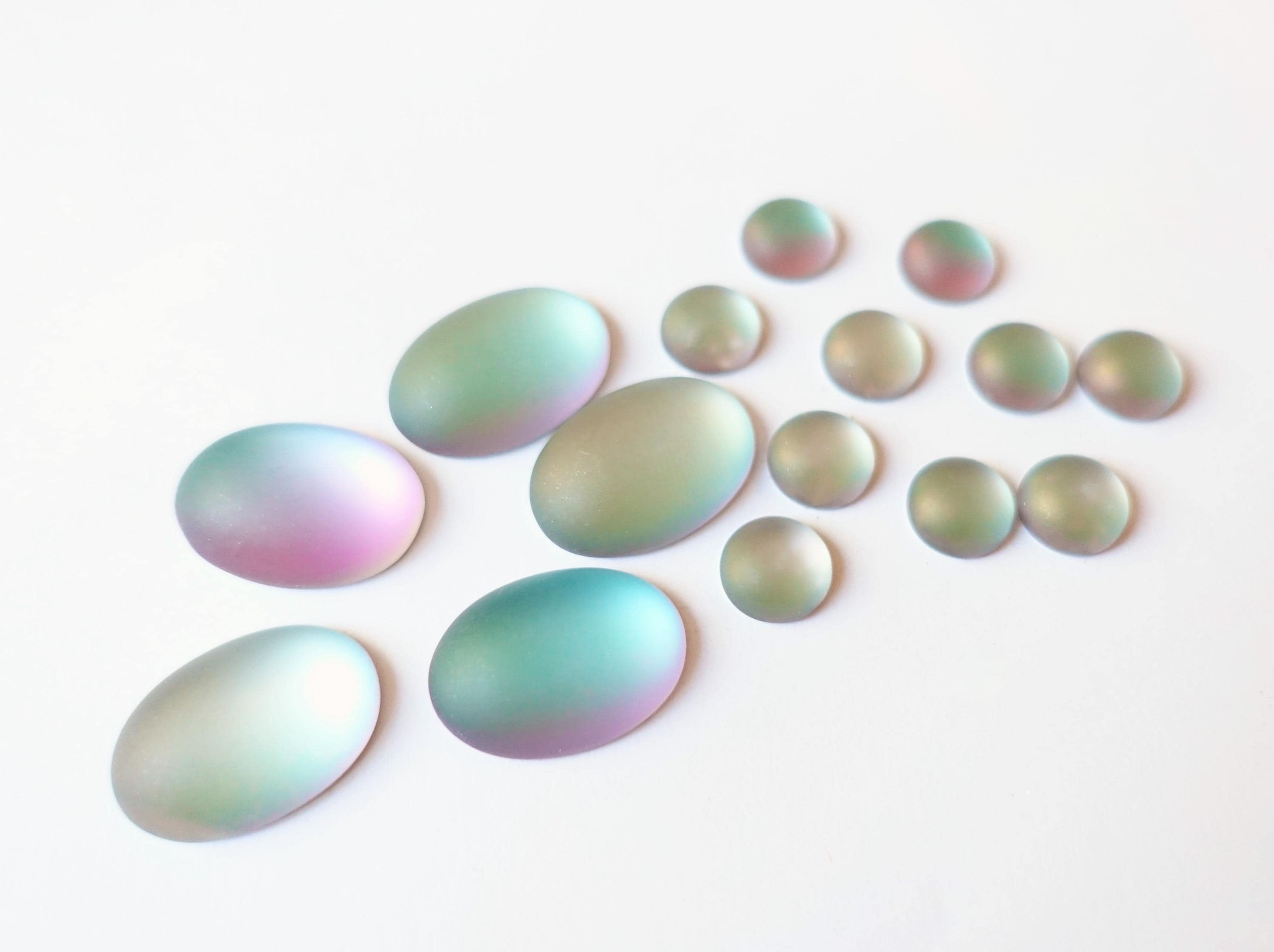 6 handmade glass cabochons 18x13 mm 8 mm oval round vitrail light cabochon purple blue frosted made in western Germany 1970