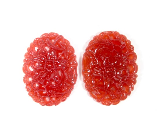 2 Blümchen Jugendstil Cabochons Schmucksteine handgemachtes Glas Oval 40x30 mm Rot Braun 1960er Jahre