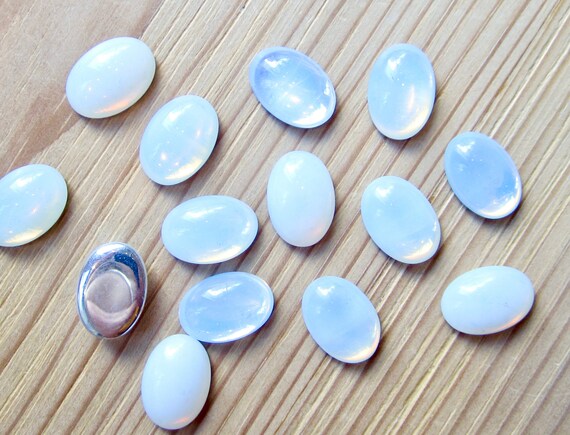 4 Handmade Glass Stones Cabochons 14x10 Mm Opal Glass White Moonstone Glass Foiled Made in Germany Made in Germany 1970s Etsy