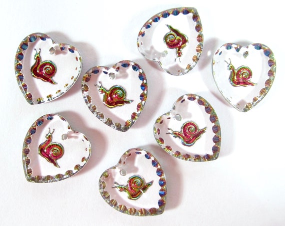 2 handgemachte Herz Schnecke Anhänger Glassteine 15x14 mm Grün Pink transparent strass original Made in Germany ca. 1970