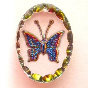 2 handmade glass stone 25x18 oval pendant volcano heliotrope butterfly rhinestone original western Germany 1970