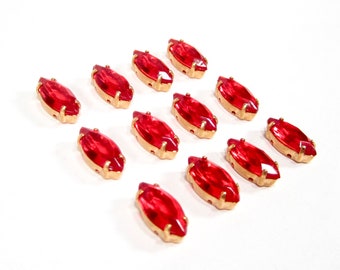 12 vintage glass stones 1970s light siam light red rhinestones 15x7 navette with setting for sewing on threading made in germany