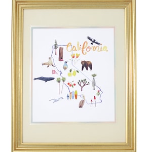 Kalifornien Kunstdruck: Aquarell Karte von Kalifornien mit lokalen Tieren, Pflanzen, Sehenswürdigkeiten // Wanddekoration, Wohnkultur Geschenk, Kinderzimmer