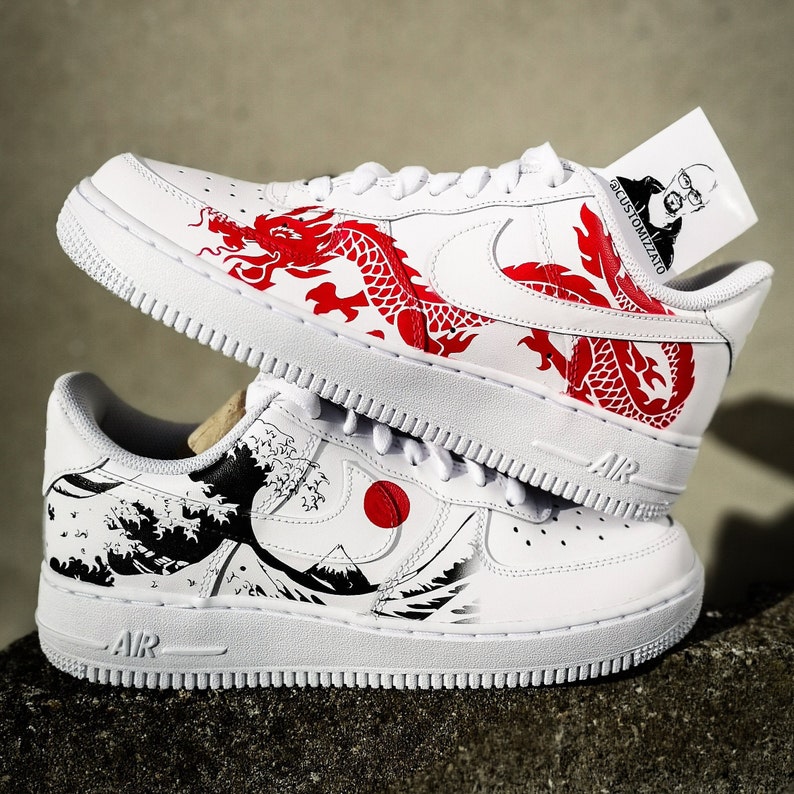 Custom sneakers Nike Air Force 1 'Red dragon х The Great Wave off Kanagawa' 