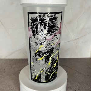 May include: White shaker bottle featuring a black and white graphic of an anime character with lightning bolts. The character has a fierce expression and is surrounded by clouds.