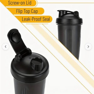May include: Black plastic shaker bottle with a screw-on lid, a flip top cap, and a leak-proof seal. The lid has a small spout for drinking.