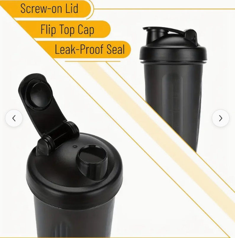 May include: Black plastic shaker bottle with a screw-on lid, a flip top cap, and a leak-proof seal. The lid has a small spout for drinking.