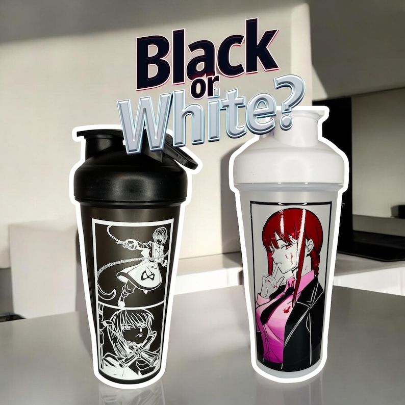 May include: Two shaker bottles, one black and one white, with anime-style character illustrations. The black bottle has a black lid and a white graphic. The white bottle has a white lid and a color graphic. The text "Black or White?" is above the bottles.