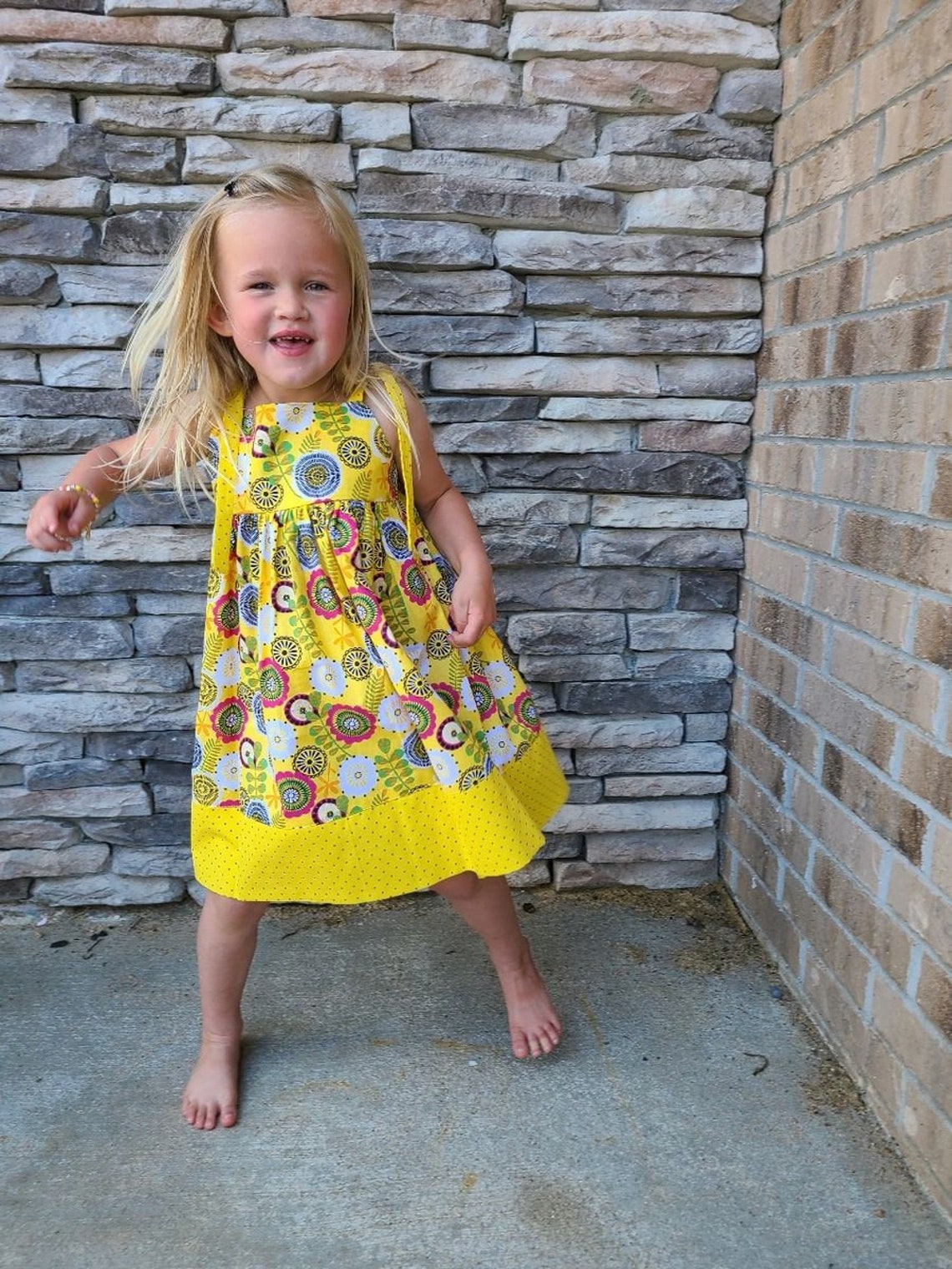 Little Girls Yellow Sundress with Flowers & Polka Dots Toddler | Etsy