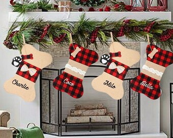 Personalized Dog Bone Canvas & Buffalo Plaid Christmas Stockings, Pet Stocking, Dog Christmas Stockings, Fur Baby Stocking, Dog Gifts