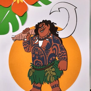 May include: A paper craft of Maui from the Disney movie Moana. Maui is holding a giant fish hook and wearing a green grass skirt and a necklace with a white bone pendant. He has brown skin, black hair, and a black tattoo on his chest. He is standing on a yellow circle with a green leaf behind him.