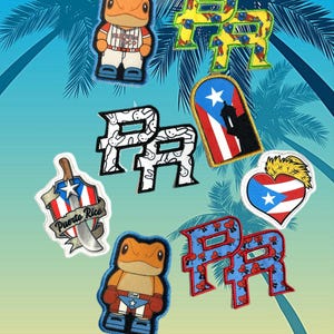 May include: A collection of colorful embroidered patches with Puerto Rican themes. Designs include the letters "PR", a heart with the Puerto Rican flag, a frog in a baseball uniform, and a shield with a sword.