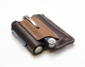 Leather edc pouch, edc organizer for belt with metal belt clip for knife or multitool