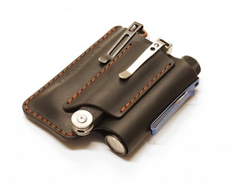 Leather edc pouch, edc organizer for belt with metal belt clip for knife or multitool