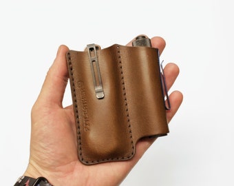 FIT  "duo" leather edc organizer for belt with metal belt clip for knife or multitool