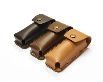 Leather edc belt pouch for multitool with metal belt clip.