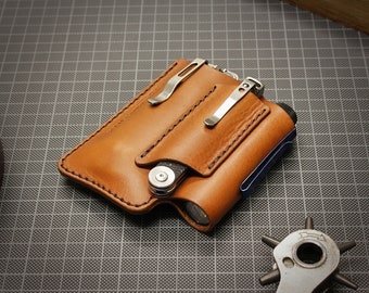 Leather edc pouch, edc organizer for belt with metal belt clip for knife or multitool