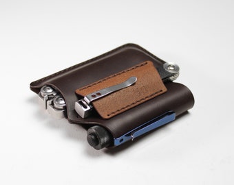 Leather edc pouch, edc organizer for belt with metal belt clip for knife or multitool