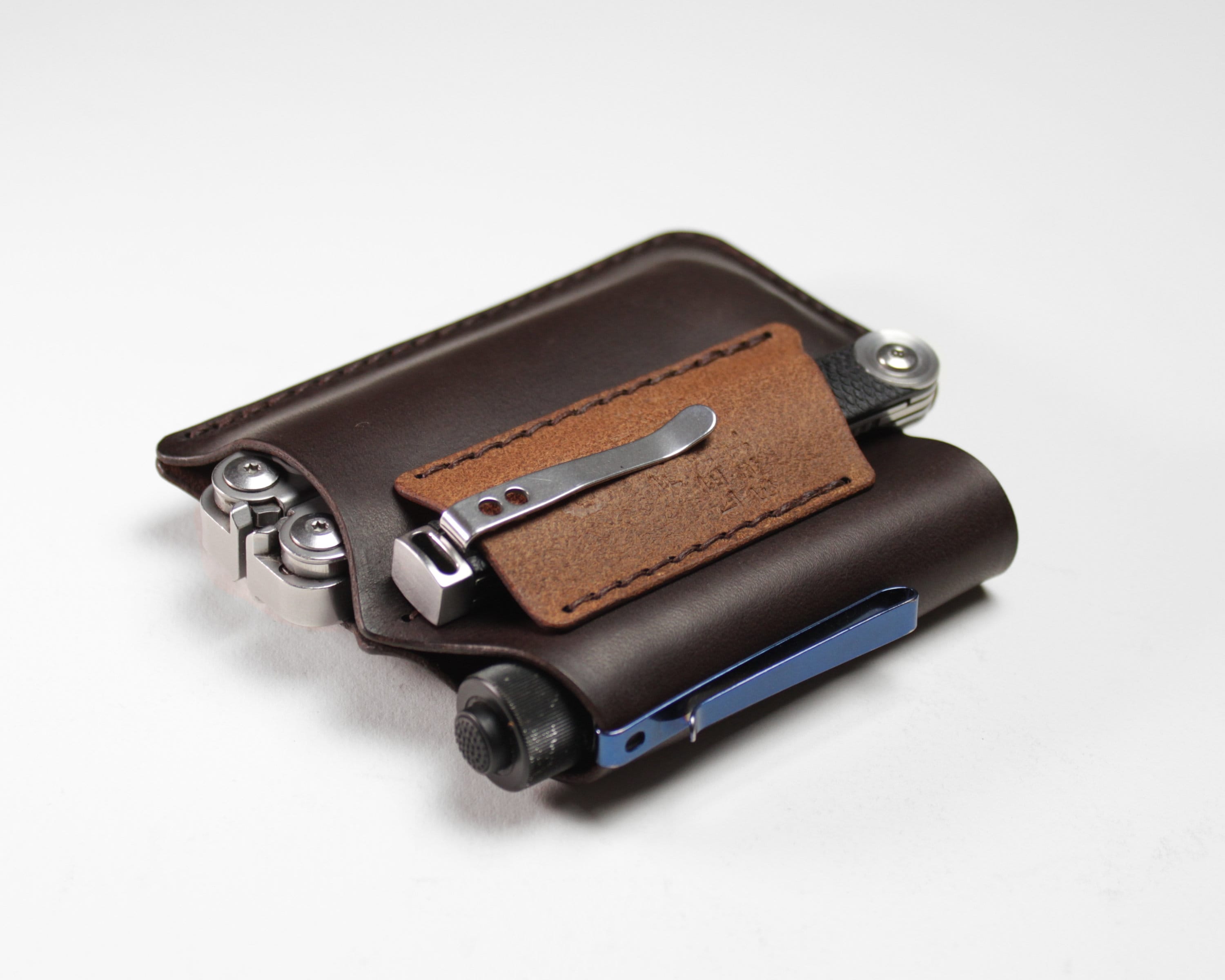 Leather edc pouch, edc organizer for belt with metal belt clip for knife or multitool