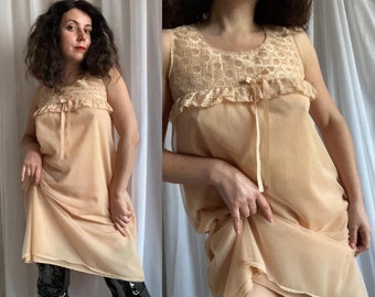 Vintage Beige Night Gown 60s 70s Double Layered Babydoll Slip Dress Size Small Medium