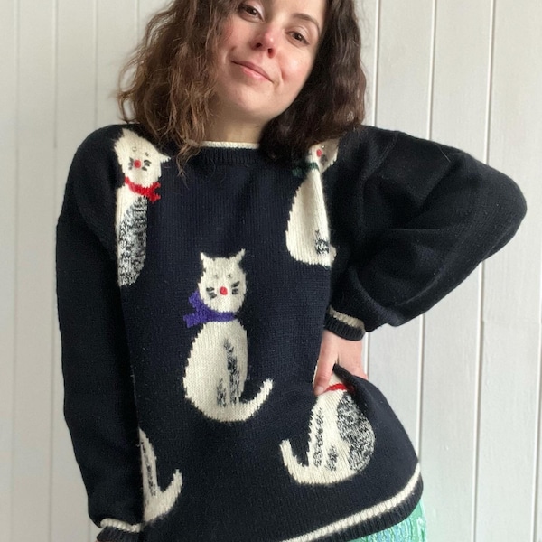 Pull en laine René Derhy des années 80 et 90 avec chats vintage pull de Noël moche, petite chatte, noeud imprimé fantaisie, noeud