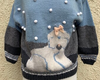 Vintage Hand Made Sweater with Dog, Knitted Jumper with Pet, Size Small