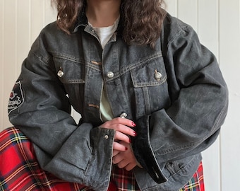 80s Grey Denim Jean Oversized Jacket SPECTORS par SELECTO Size Small Medium Velvet Collar and Cuffs Chrystal Buttons