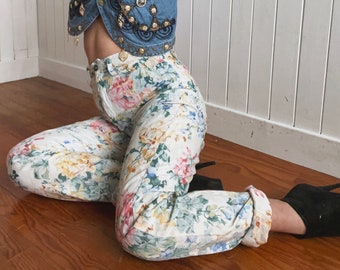 Vintage 80s 90s KENZO Pastel Floral Mom Jeans Size Medium High Waisted Cotton Trousers