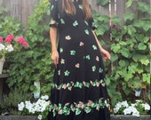 1970s Maxi Dress, HOPS Leaves, Long Dress, size Medium, size Large