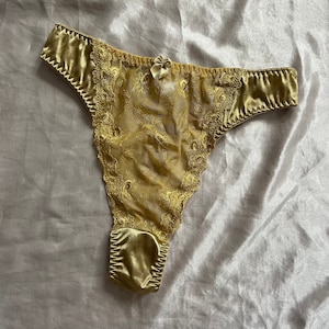 Vintage Early 00s Mustard Satin snd Lace High waist Thong Panties Dead Stock Never Worn Size Small