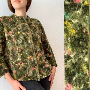 50s 60s Green Woolen Cardigan Made in France Artsy Abstract Pattern Button Down Midcentury Knitted Top Size Small Medium image 1