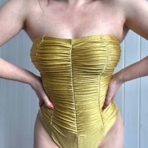 Vintage 80s 90s GOTTEX Golden Bustier One-Piece Swimsuit Yellow Gathered Corset Bathing Suit image 4