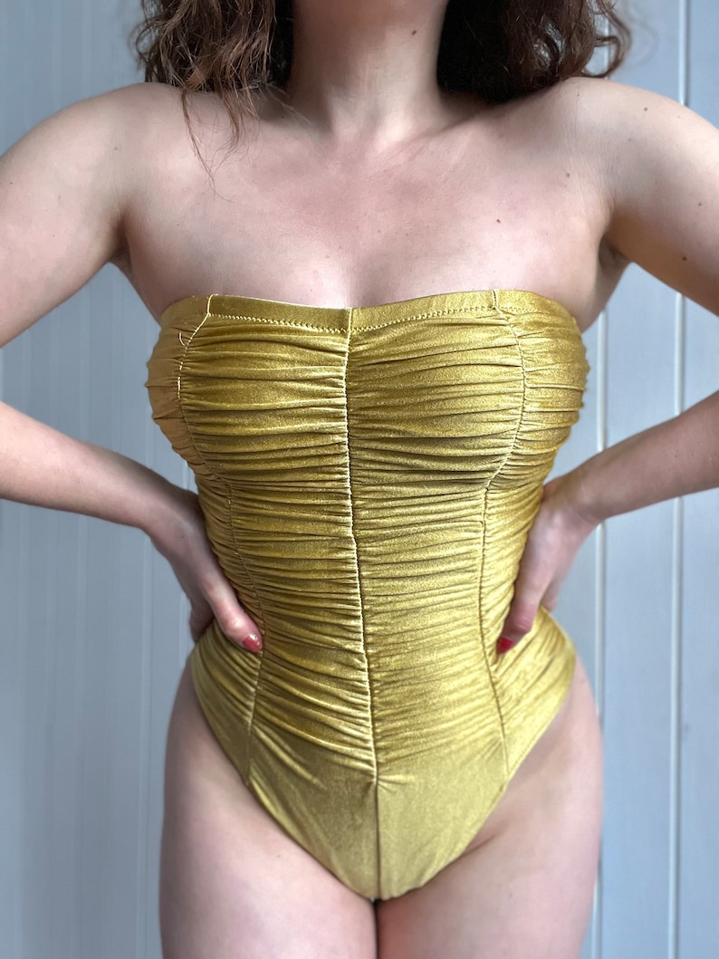 Vintage 80s 90s GOTTEX Golden Bustier One-Piece Swimsuit Yellow Gathered Corset Bathing Suit image 4