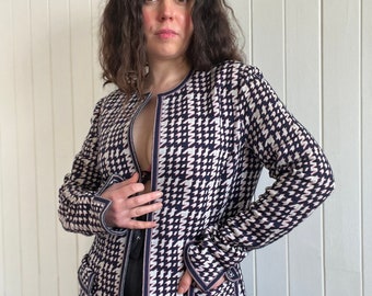 70s Knitted Jersey Blazer TRICOSA Pink Blue Grey Houndstooth Buttonless Jacket Cardigan