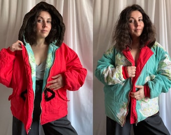 80s Red Outdoor Puffer Jacket CHIPIE Faux Fur Hood Reversible Winter Bomber Jacket