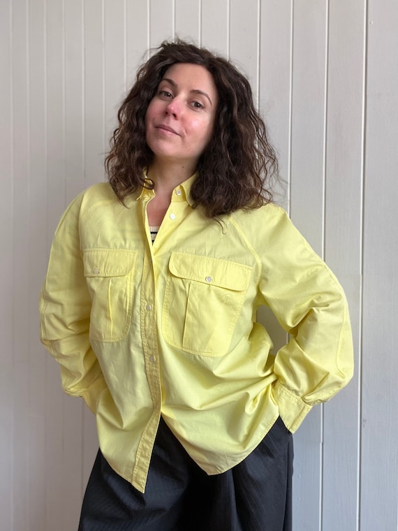 Cacharel, 80s CACHAREL Yellow Cotton Blouse - Vintage French Raglan Sleeve Shirt - Size Small/Medium