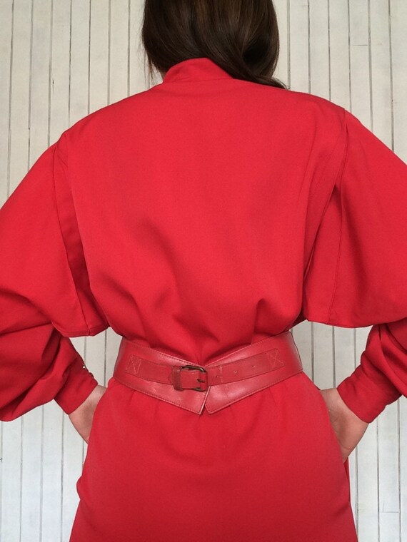 Vintage 80s LOUIS FERAUD Red Woolen Military Dres… - image 5