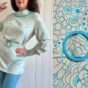 60s Floral Print Mini Dress - Vintage Turquoise Belted Tunic