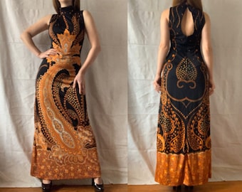 60s LEONARD Silk Jersey Dress, Vintage Paisley Dress. Halloween Dress