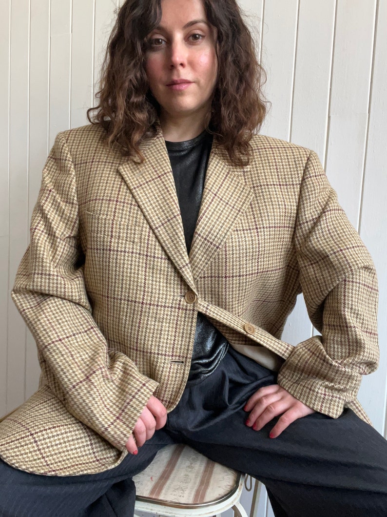 Vintage des années 90 MULBERRY beige pied-de-poule Tweed laine hommes blazer taille grande preppy décontracté à carreaux veste de costume image 3