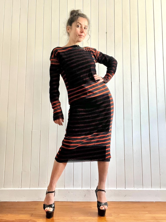 knee length dresses for ladies Vintage Jean Paul Gaultier Striped Fishnet Cut-Out Dress  NN VINTAGE