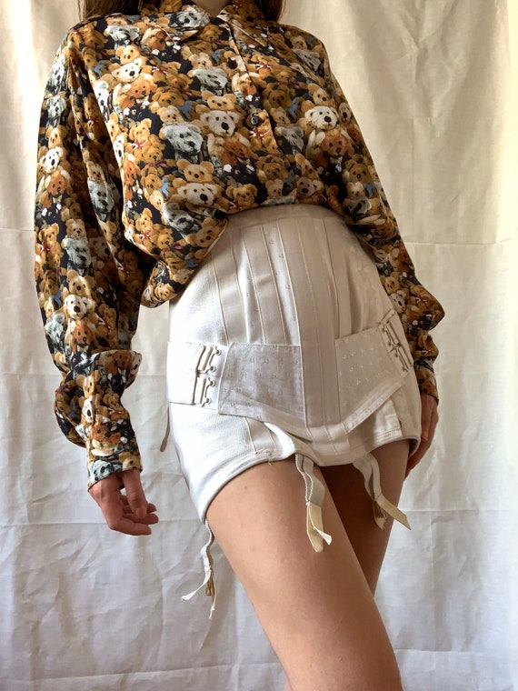1930s White Corset Girdle, Vintage Brocade Garter