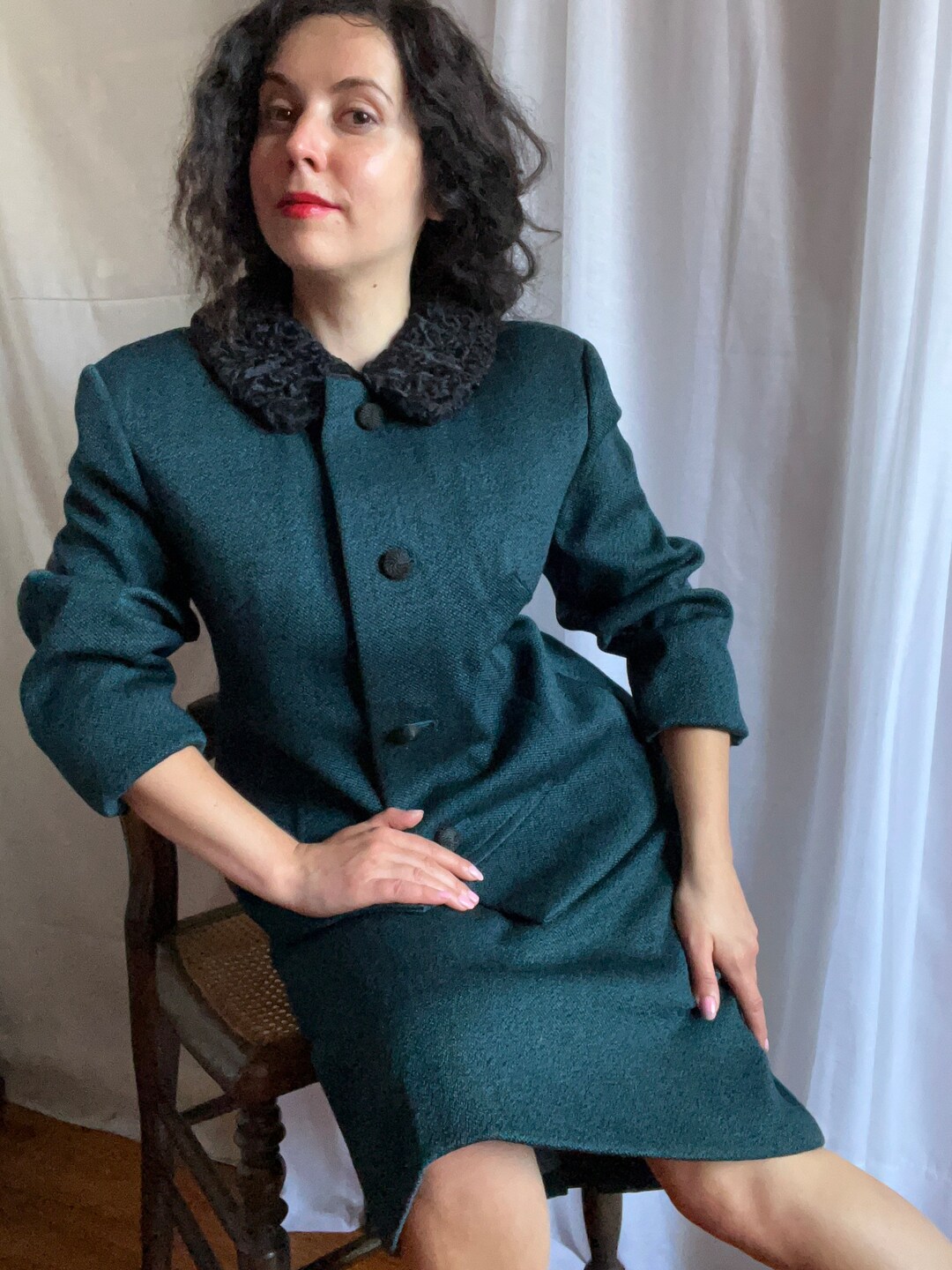 60s Emerald Green Woolen Skirt Blazer Set. Astrakhan Collar Etsy