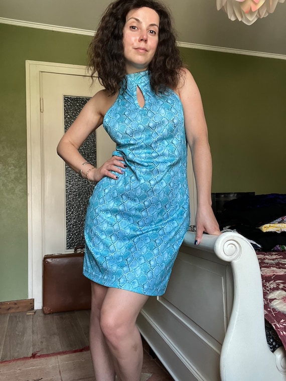 Vintage 90s 00s Blue Stretch Summer Dress Snake Print Keyhole Neck - Etsy  Norway