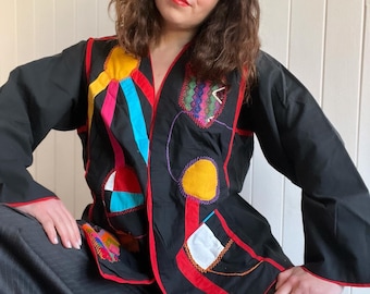 Veste vintage folk mexicain en coton noir FERNANDO HUERTAS Veste bohème hippie en patchwork artistique