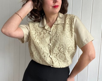 Vintage 1960s Beige Lace Blouse Box Cut Short Sleeve Shirt Top Women  Size Medium