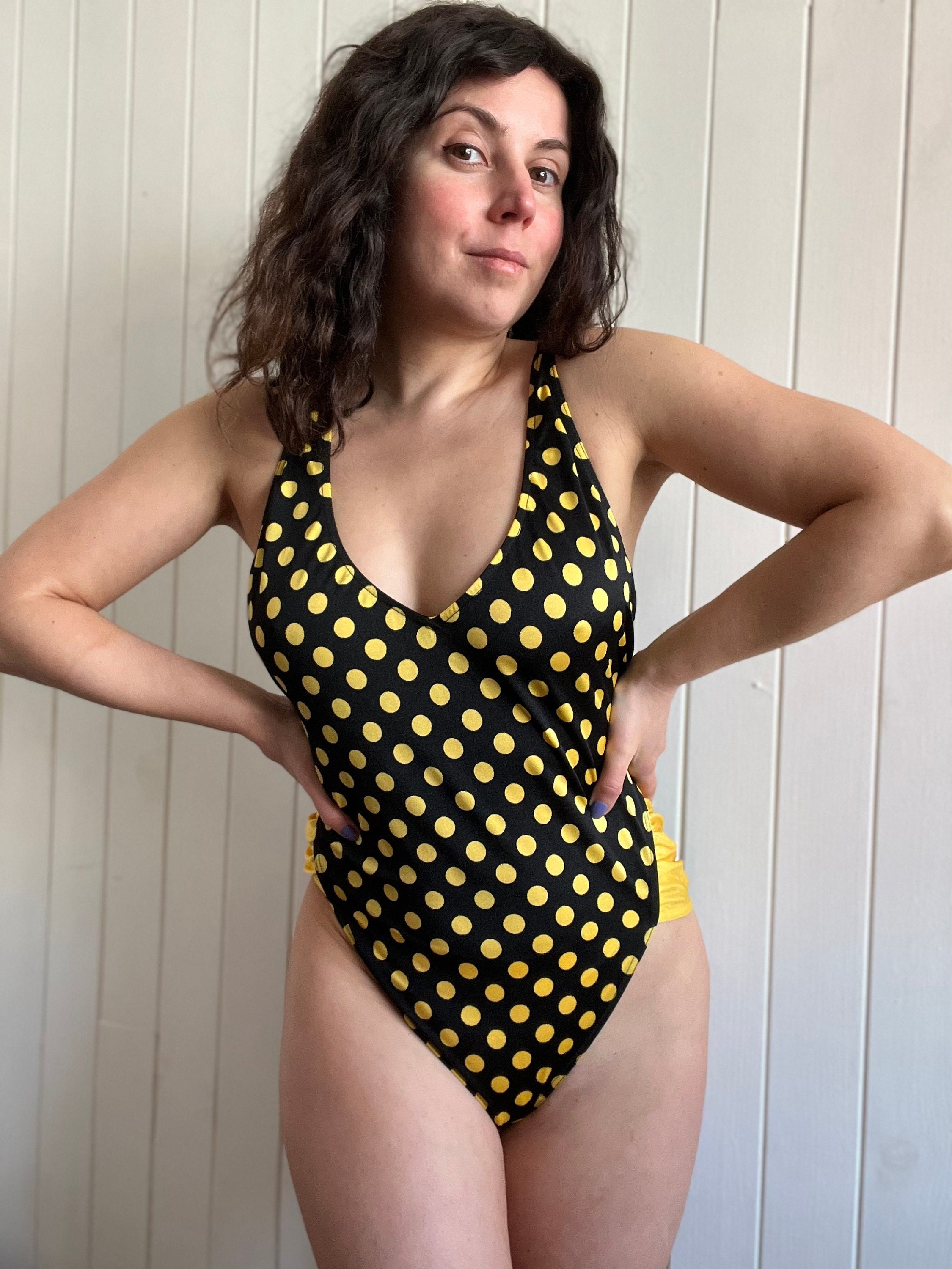 90s Black Yellow Polka Dot One piece Swimsuit Vintage Bathing Suit