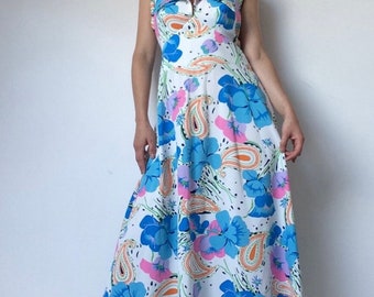 70s Floral Paisley Halter Maxi Dress - Open Back Summer Boho