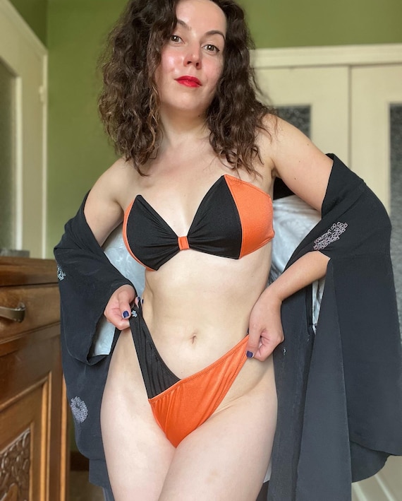 Vintage 80s Bikini Set ROBERTA Italian Orange Black Halloween Corset Bra  High Waist Slips Swimming Suit -  Norway