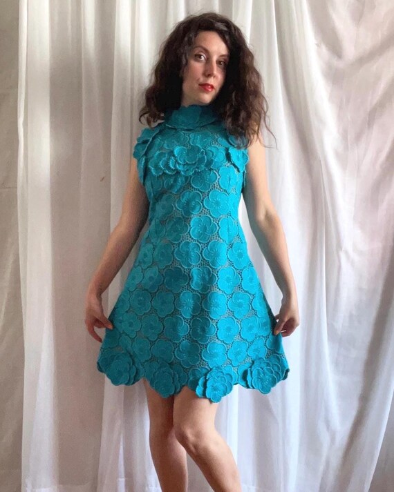 60s Turquoise Floral Lace Mini Dress - Vintage Applique Cocktail Dress - Size Small